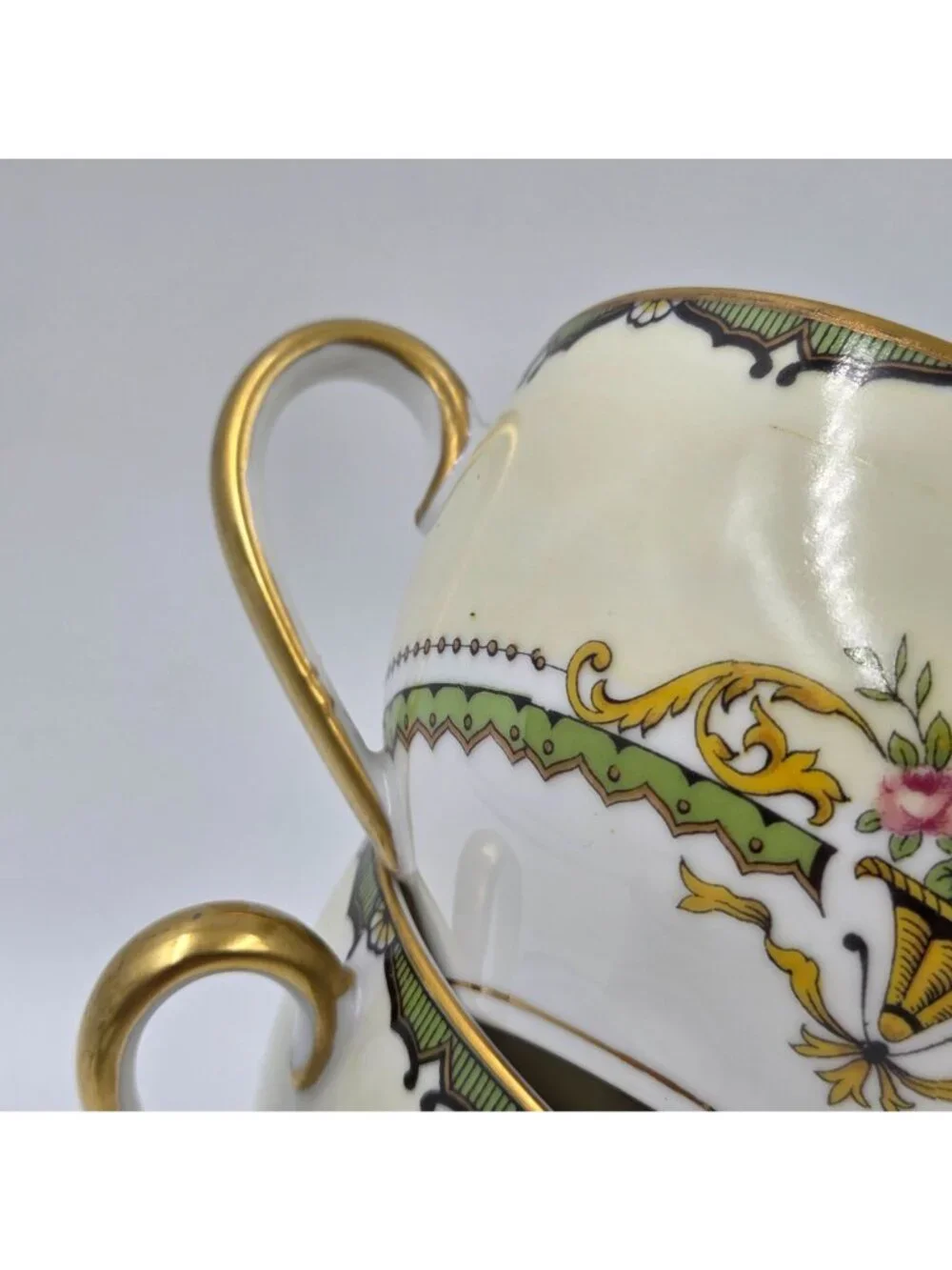 Noritake Penelope Set of 4 Flat Cup & Saucer Set Green Pink Roses Gold Trim